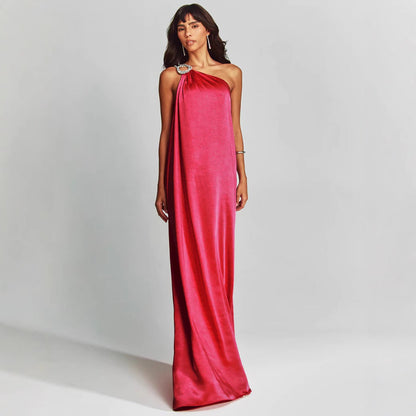 Dress for Women – Long Evening Dress – Satin – One Shoulder – Loose Fit – Ring Detail