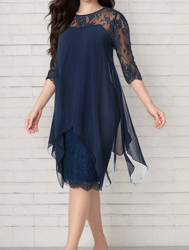 Dress woman – Chiffon – Layer-on-layer design – Lace sleeves – Midi length – Elegant fit
