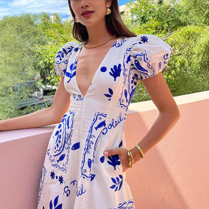 Dress for Women – Ankle-Length Maxi Dress – V-Neck – Puff Sleeves – Light and Breathable Fabric