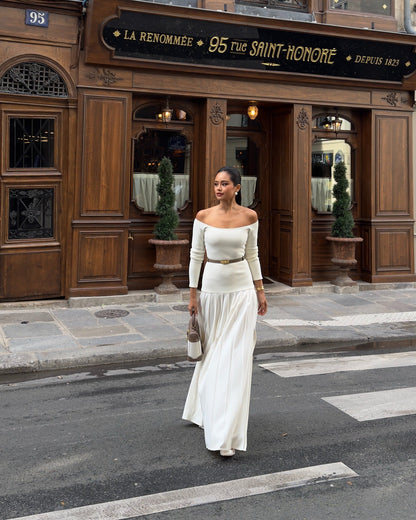 Dress woman – off-shoulder – fitted waist – long sleeves – pleated maxi skirt
