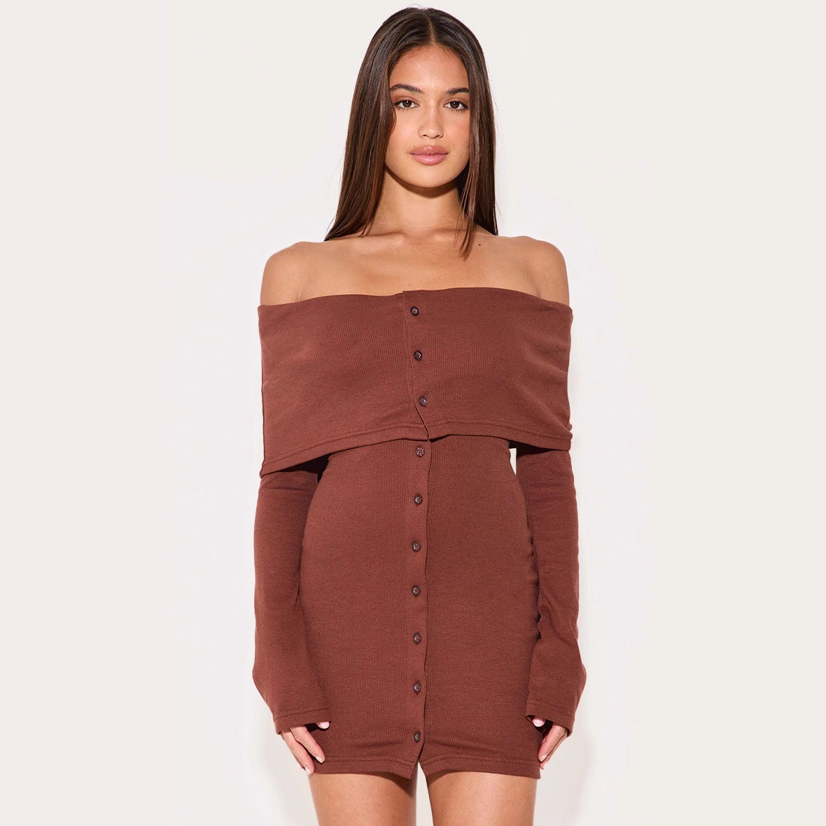 Dress for Women – Off-shoulder – Slim Fit – Ribbed Knit – A-line – Mini Length – Buttons