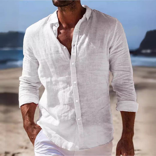 Men's Shirt with Buttons – Regular Fit – Long-Sleeved – Breathable Cotton-Linen Blend