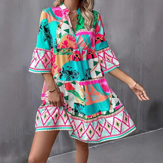 Dress for Women – Relaxed Fit – Flare Cut – V-Neck – Ruffles and Wide Sleeves