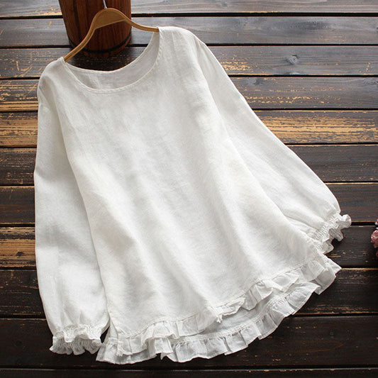 Women's Blouse – Loose Fit – Linen and Cotton – Ruffle Details – Long Sleeves
