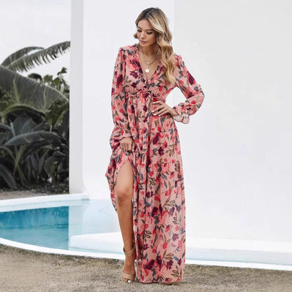 Kjole for dame – Chiffon – Bohemsk passform – V-hals – Blomsterprint – Maksilengde