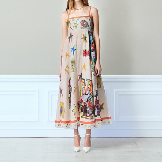 Dress for Women – Maxi A-line – Spaghetti Straps – Cotton – Artistic Print