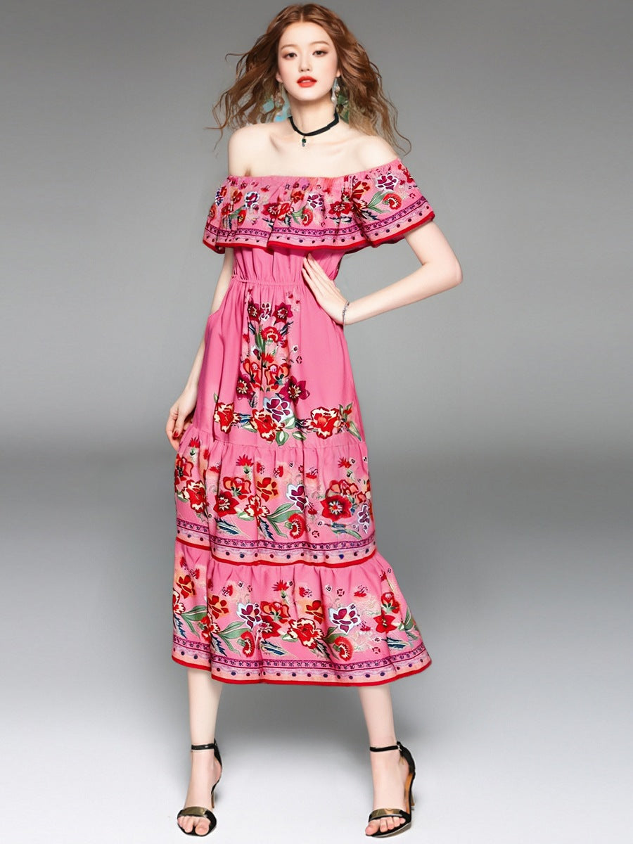 Dress for Women – Off-Shoulder Maxi – Floral Print – Ruffled Bodice – Tiered Skirt