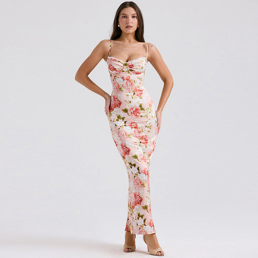 Dress woman – Long satin dress – Slim fit – Spaghetti straps – Floral print