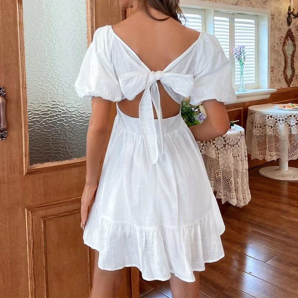 Dress woman – Mini length – Puff sleeves – Square neckline – Fitted waist