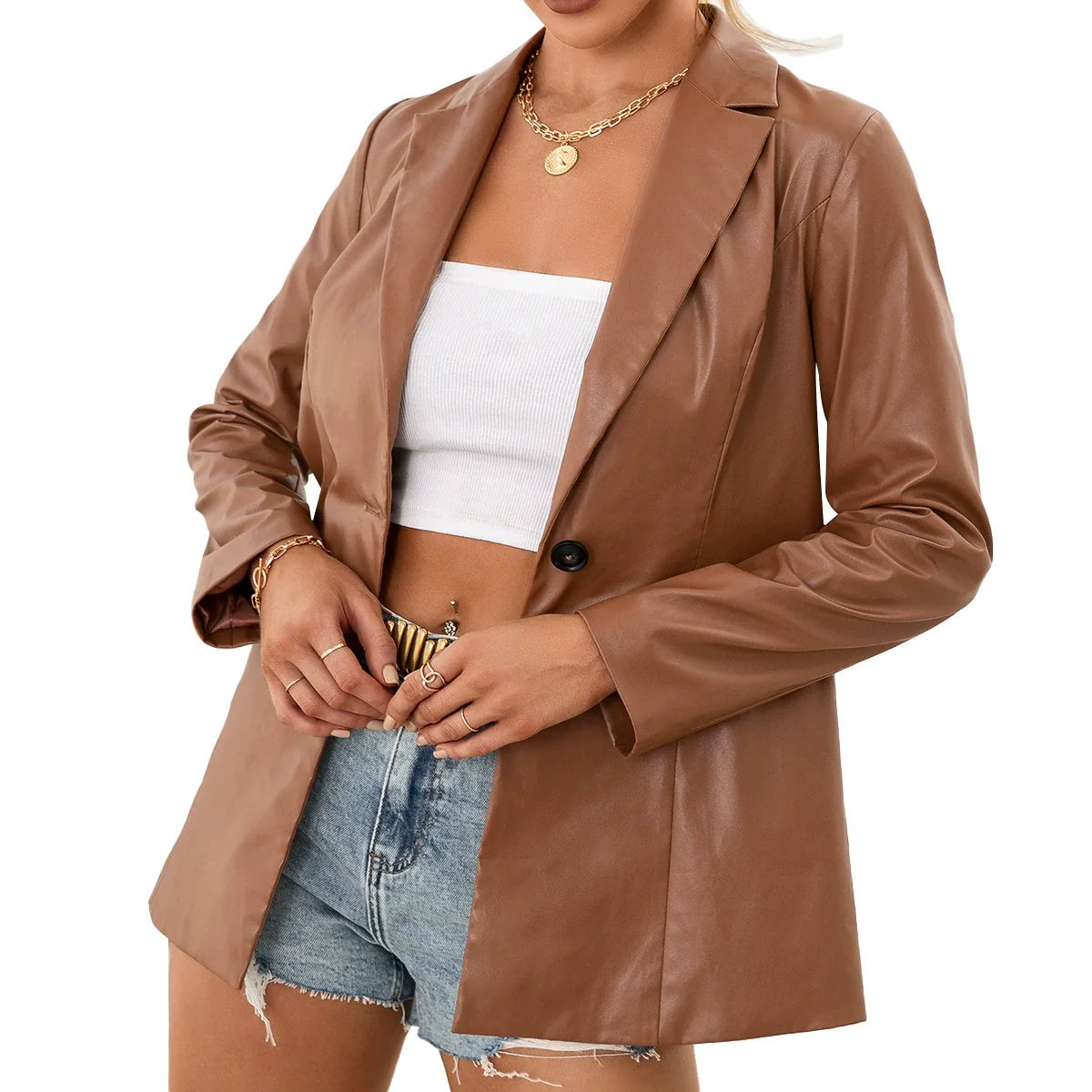 Women's Trench Coat – Slim Fit – Mid Length – Smooth Faux Leather – Classic Lapel