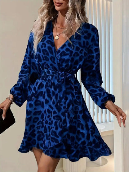 Kjole dame midi – omslag med knyting – V-hals – ballongermer – leopardmønster