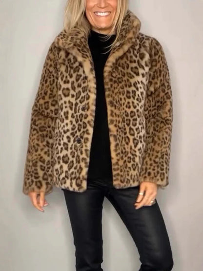 Women's Coat – Faux Fur – Oversized Fit – Animal Print – Open Front – Notch Collar