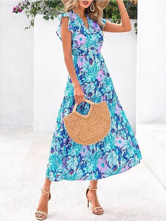 Dress for Women – Midi Length – V-Neck – Flared Sleeve – Relaxed Fit – Breathable Fabric – Patterned