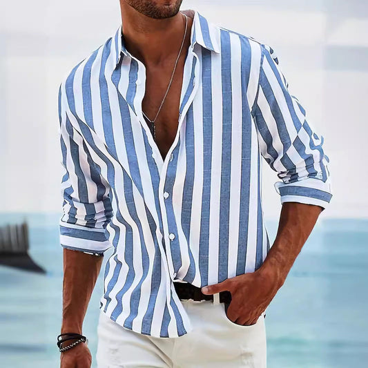Men's Shirt with Long Sleeves – Cotton Linen Blend – Relaxed Fit – Striped