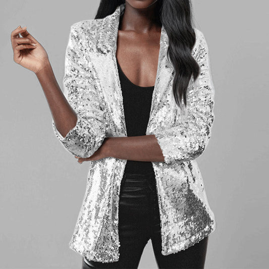 Women's Blazer – Tailored Fit – Sequin Texture – Open Front – Long Sleeves