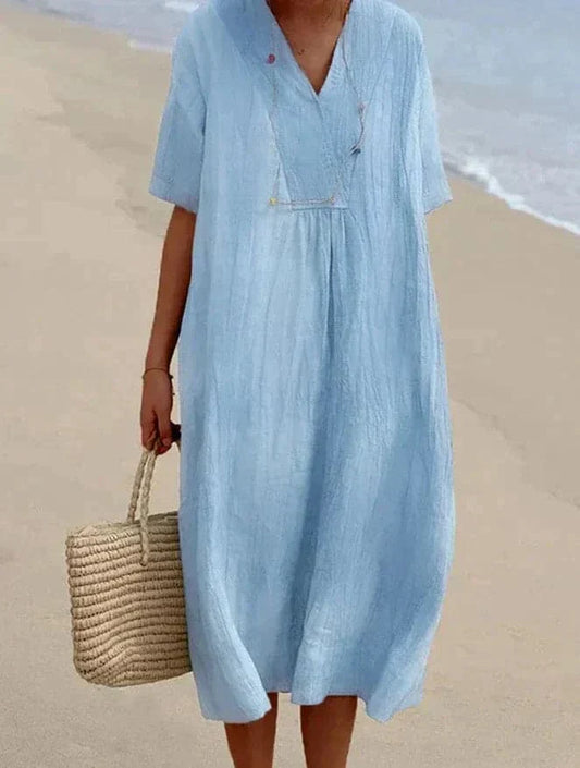 Women's Dress – Loose Fit – V-Neck – Short Sleeves – Light and Airy Design