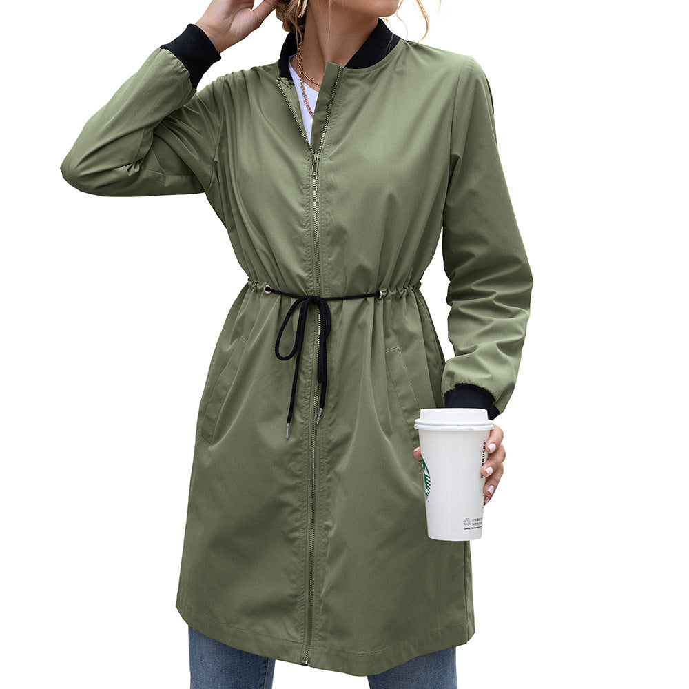 Women's Rain Jacket – Hood – Mid-length – Drawstring Waist – Relaxed Fit – Zipper