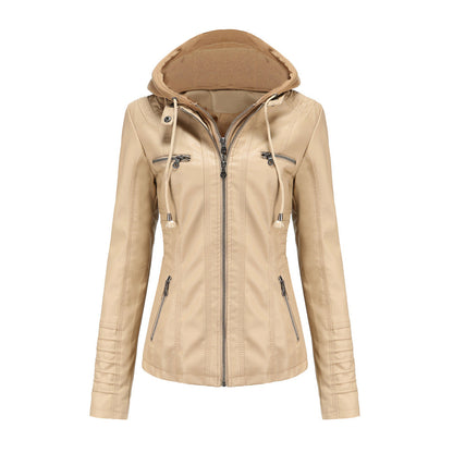Women's Jacket with Hood – Slim Fit – Faux Leather – Detachable Hood – Zipper Pockets