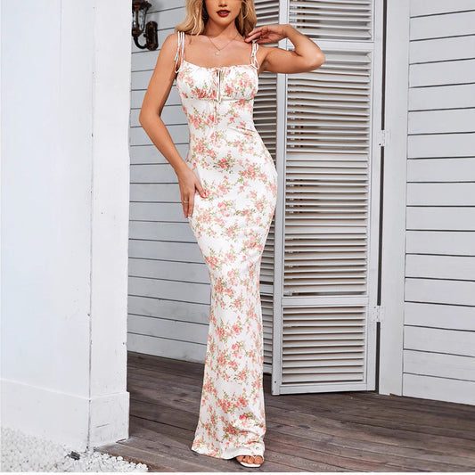 Dress for Women – Long Model – Slim Fit – Spaghetti Straps – Open Back – Floral Pattern
