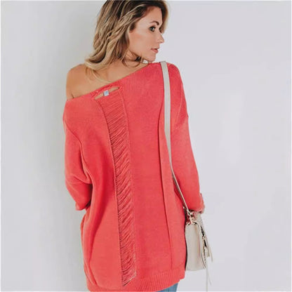 Women's Knitted Sweater – Oversized Fit – V-neck – Textured Wool – Chest Pocket