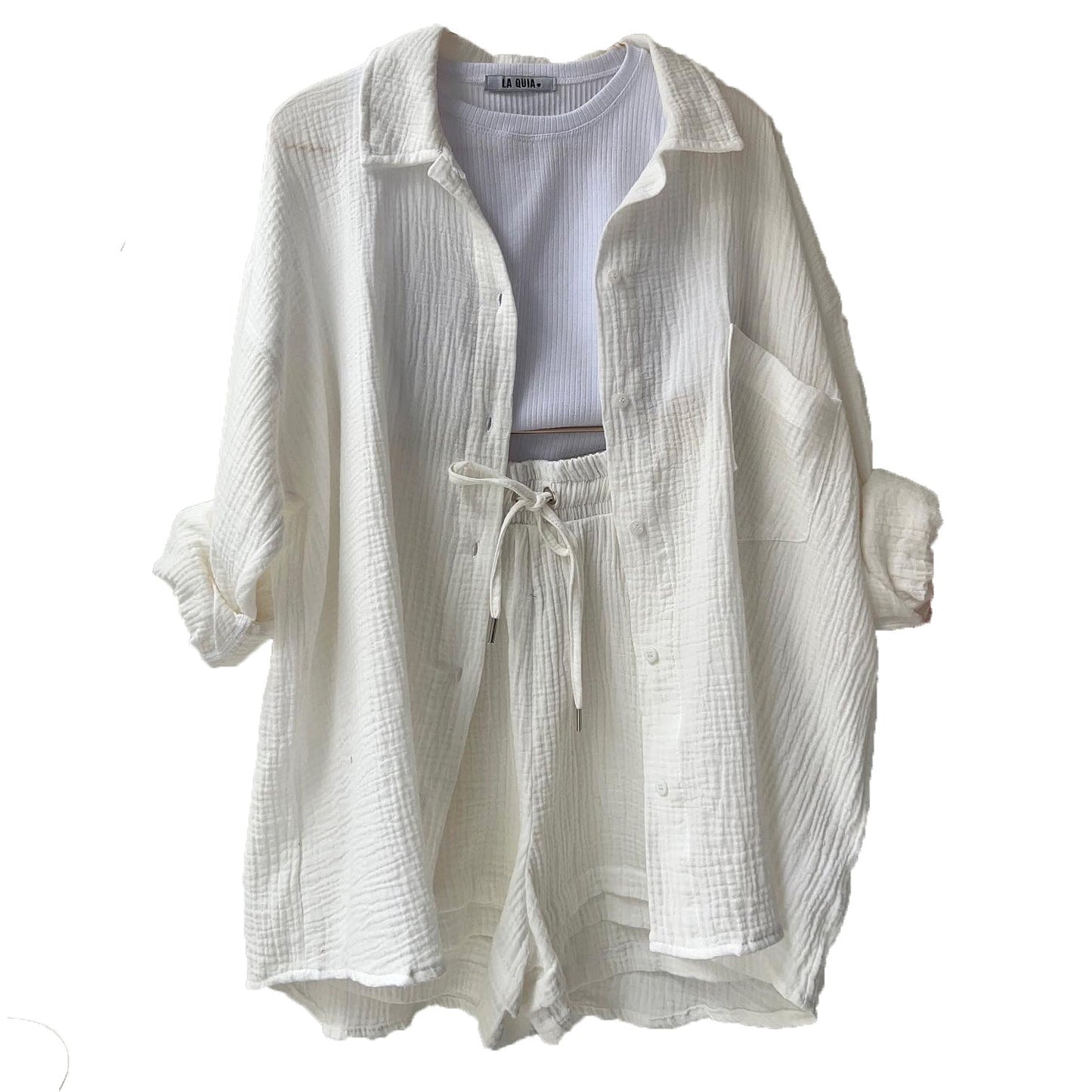 Women's Two-Piece Set – Relaxed Collared Shirt – High-Waisted Drawstring Shorts
