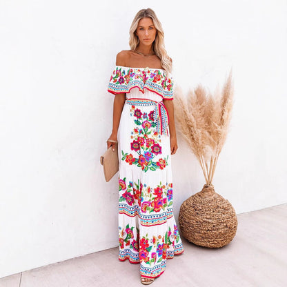 Dame Maxi Kjole – Off Shoulder – Blomsterprint – Rysjetopp – Belte i Midjen
