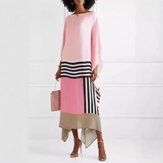 Women's Maxi Dress – One Shoulder – Loose Fit – Asymmetric Hem – Striped Panel