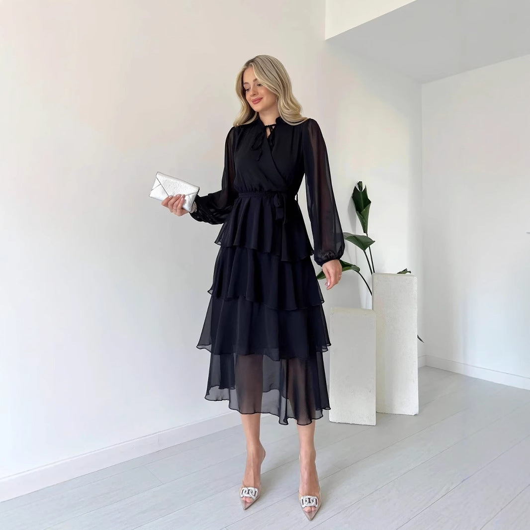 Dress woman – chiffon – midi length – A-line with ruffles – long sleeves – tie at the waist