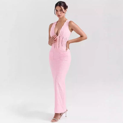Dress woman – lace – tailored fit – deep neckline – full length elegance