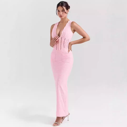 Dress woman – lace – tailored fit – deep neckline – full length elegance