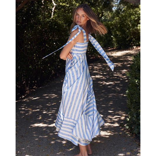 Dress woman – maxi dress in cotton blend – smocked bodice – tie straps – loose fit