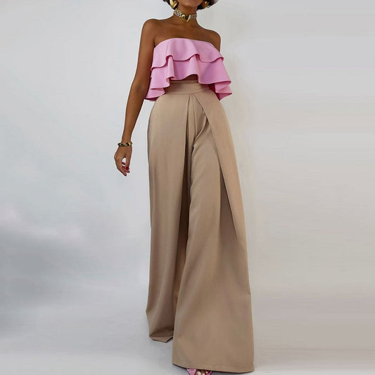 Women's Jumpsuit – Strapless – Ruffled Top – Wide Legs – Asymmetric Draping