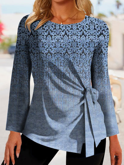 Women's Long Sleeve T-shirt – Relaxed Fit – Patterned – Side Tie Detail