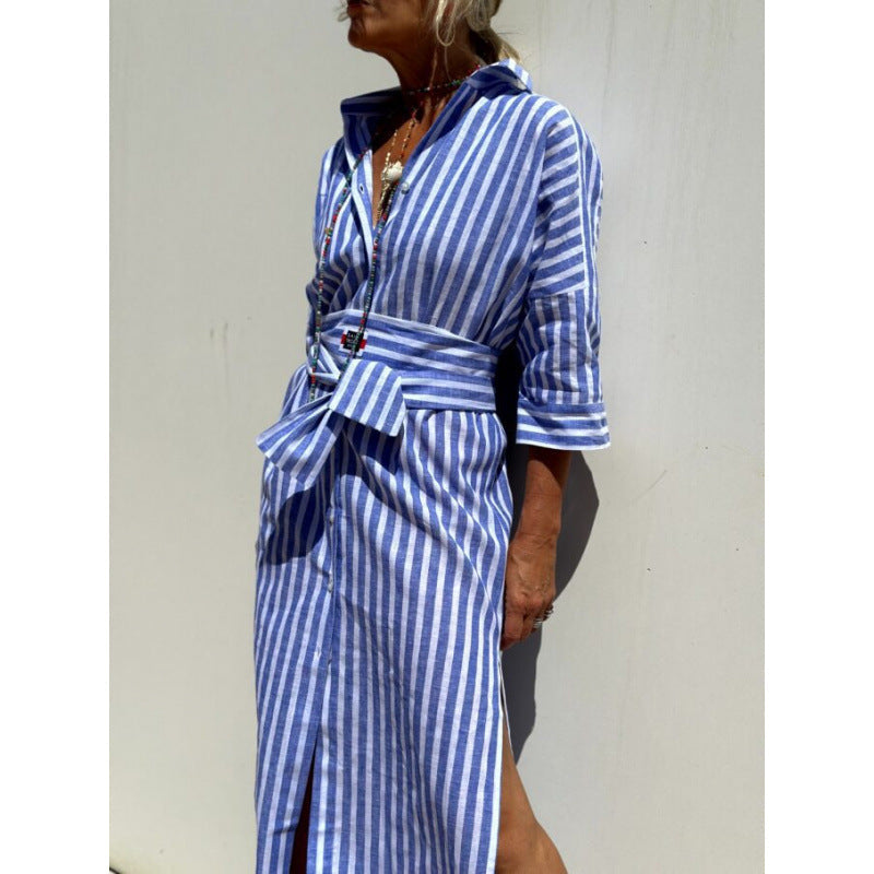Women's Shirt Dress – Relaxed Fit – Vertical Stripes – Knee-Length with Buttons