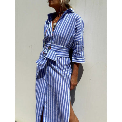 Women's Shirt Dress – Relaxed Fit – Vertical Stripes – Knee-Length with Buttons