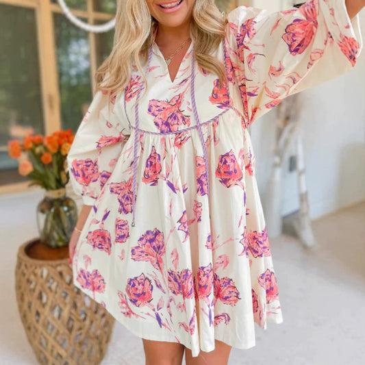 Dress woman – Short model – Loose fit – Floral print – V-neck – Long sleeves