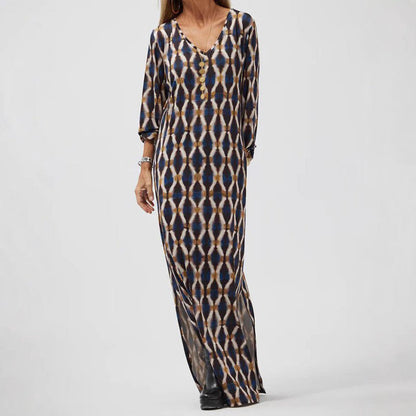 Women's Midi Dress – V-Neck with Buttons – Long-Sleeved – Loose Fit – Elegant Pattern