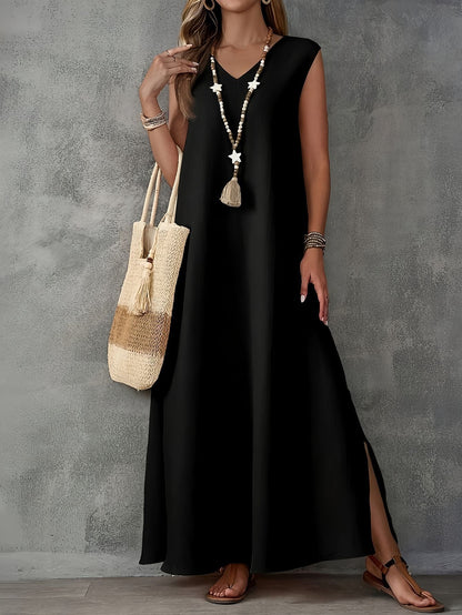 Women's Maxi Dress – Relaxed Fit – V-Neck – Sleeveless – Side Slits – Cotton Blend