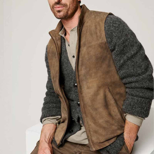 Men's Vest – Relaxed Fit – Suede Texture – Waist Length – Handy Front Pockets