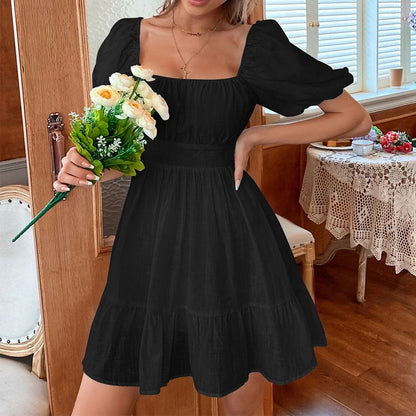 Dress woman – Mini length – Puff sleeves – Square neckline – Fitted waist
