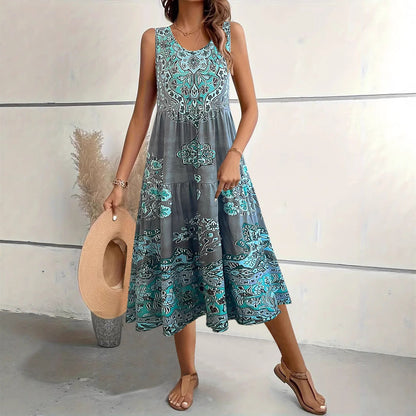 Dress woman – Sleeveless midi dress – A-line fit – U-neck – Floral print – Cotton blend