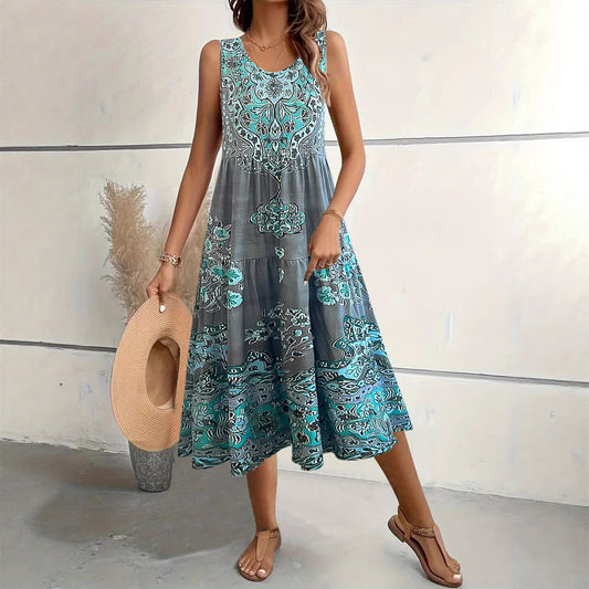 Dress woman – Sleeveless midi dress – A-line fit – U-neck – Floral print – Cotton blend
