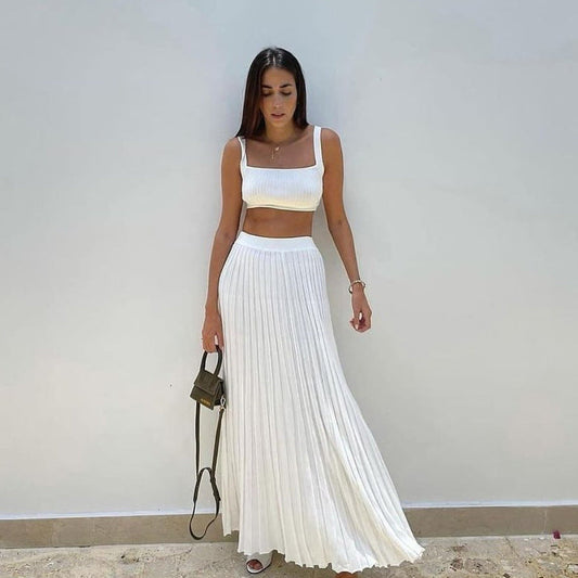 Women's Set – Ribbed Knit Crop Top and Pleated Maxi Skirt – Tight Fit