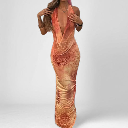 Dress for Women – Halterneck – Slim Fit – Satin Feel – Backless – Floral Print – Ankle Length