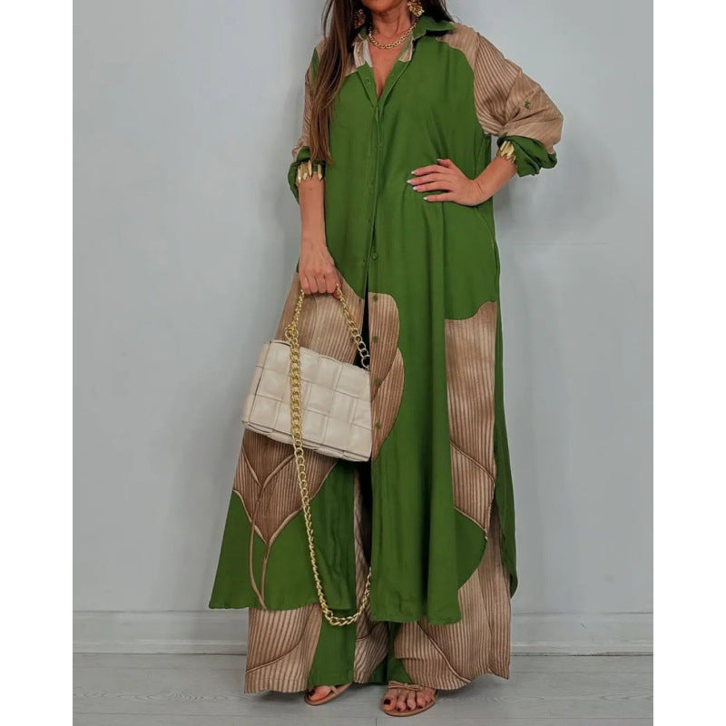 Women's Two-Piece Set – Long Shirt with Relaxed Fit – Wide Airy Trousers