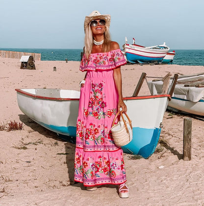 Dame Maxi Kjole – Off Shoulder – Blomsterprint – Rysjetopp – Belte i Midjen