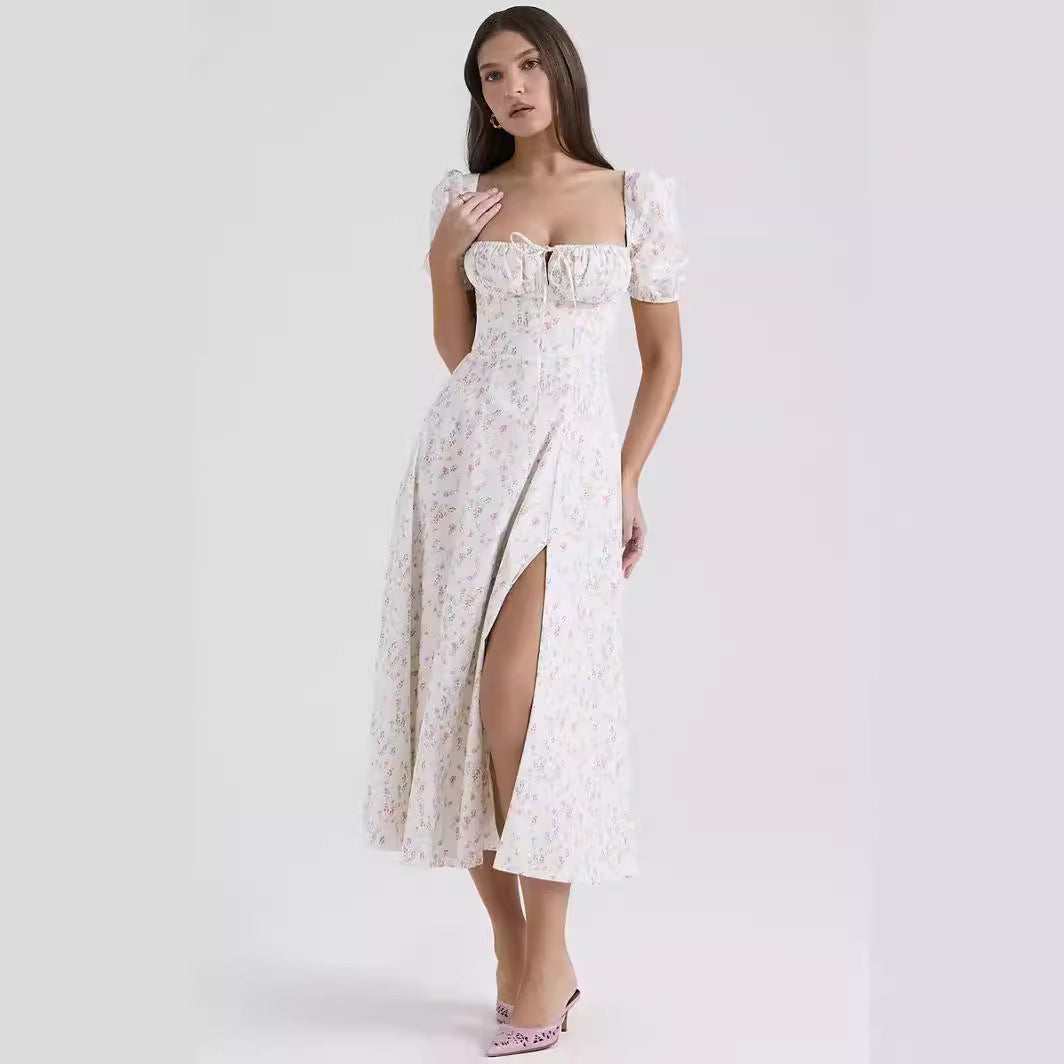 Dress women midi – cotton – A-line fit – puff sleeves – slit – square neckline