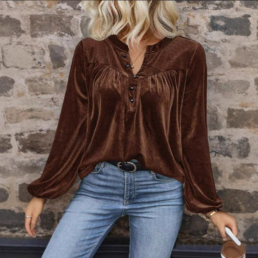 Women's Long-Sleeve Top – Soft Velvet Feel – V-Neck with Buttons – Relaxed Fit