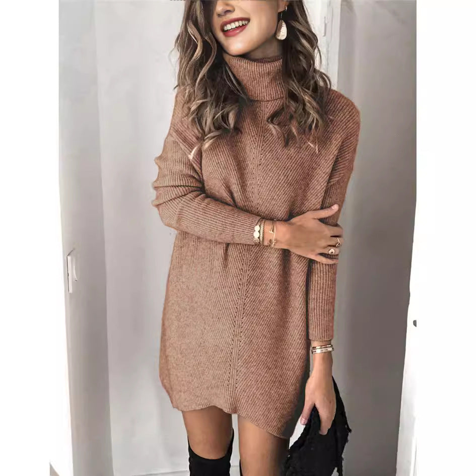 Women's Knitted Dress – Ribbed Structure – High Neck – Long Sleeved – Relaxed Fit
