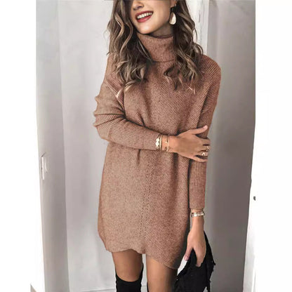 Women's Knitted Dress – Ribbed Structure – High Neck – Long Sleeved – Relaxed Fit